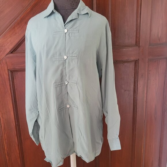 Vintage 100% Silk Richini Sage Green Long Sleeve Blouse Button-Up Shirt Size L - Picture 1 of 5